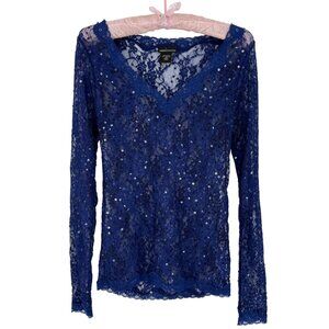 Vintage Y2K Victoria’s Secret Blue L/S Femme Fatale Glam Sheer Lace Sequin Top